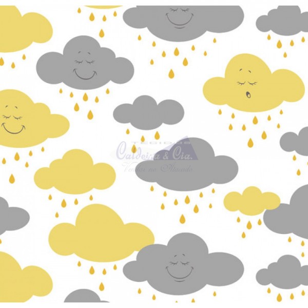 Tecido Estampado Chuva De Amor (Amarelo Com Cinza)