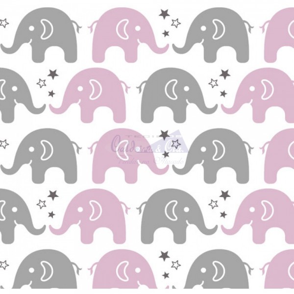 Tecido Estampado Elefante (Rosa Com Cinza)