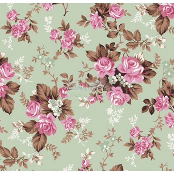 Tecido Estampado Floral Iris (Verde Com Rosa)