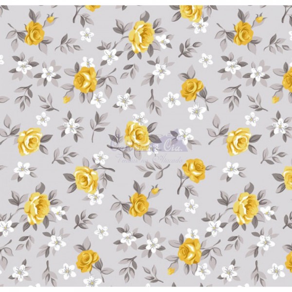 Tecido Estampado Floral Lúcia (Cinza Com Amarelo)