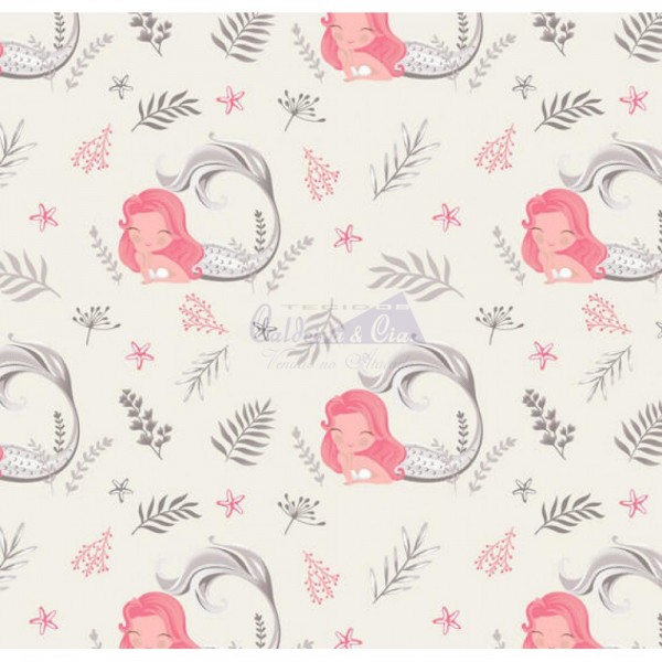Tecido Estampado Sereia (Cinza Com Rose)
