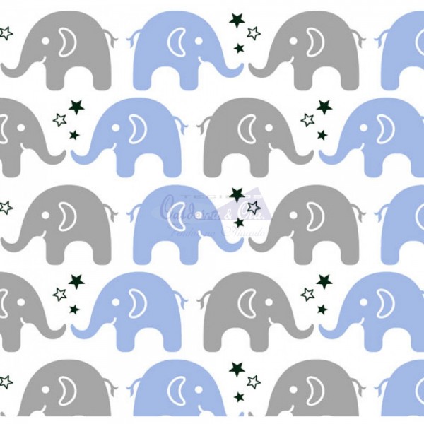 Tecido Estampado Elefante (Azul Com Cinza)