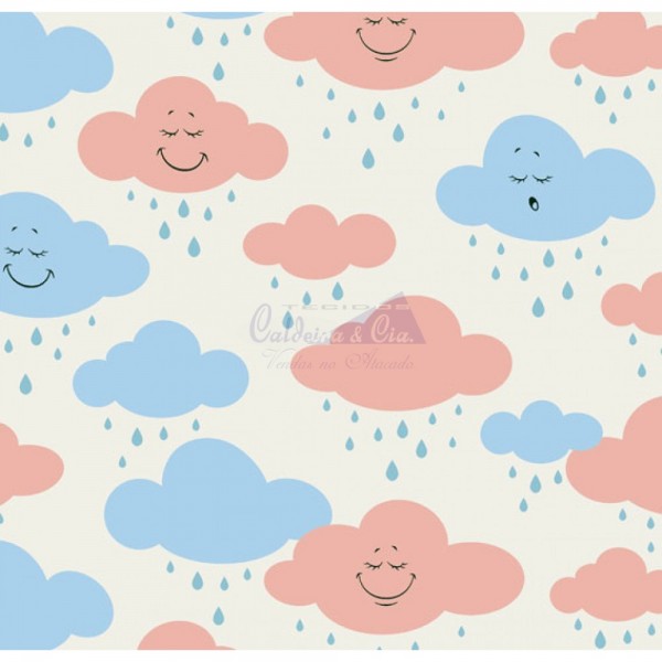 Tecido Estampado Chuva de Amor (Azul Com...