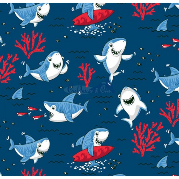 Tecido Estampado Shark (Vermelho Com Marinho)