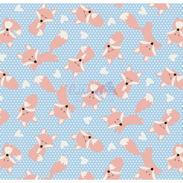 Tecido Estampado Raposa (Azul Com Salmão)